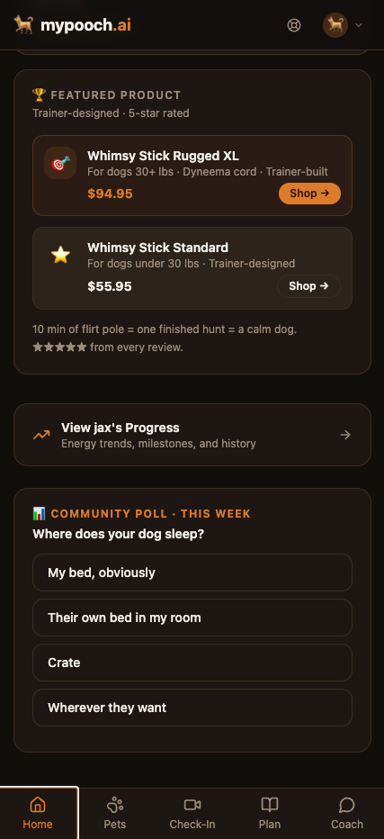 Featured Product card — Whimsy Stick Rugged XL and Standard, plus a Community Poll for the week