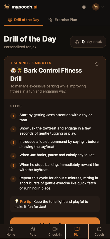 Drill of the Day — Bark Control Fitness Drill with 6 numbered steps and a Pro Tip