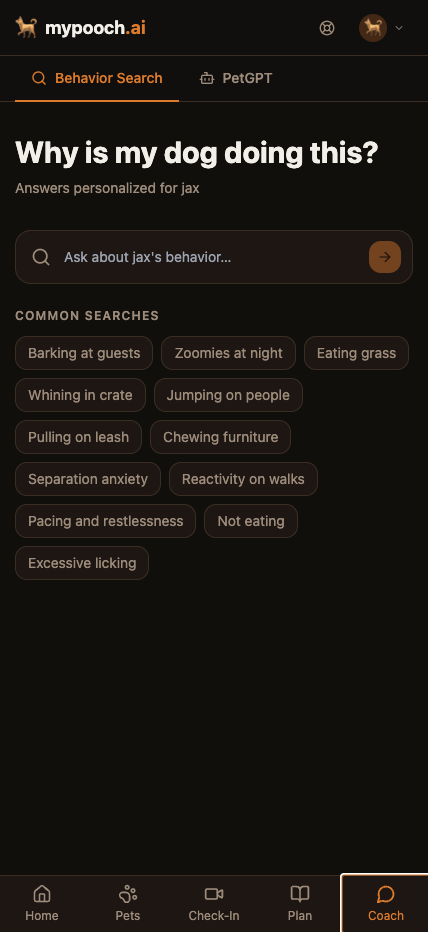 Behavior Search — 'Why is my dog doing this?' with search bar and common-search chips like Barking at guests, Pulling on leash, Separation anxiety