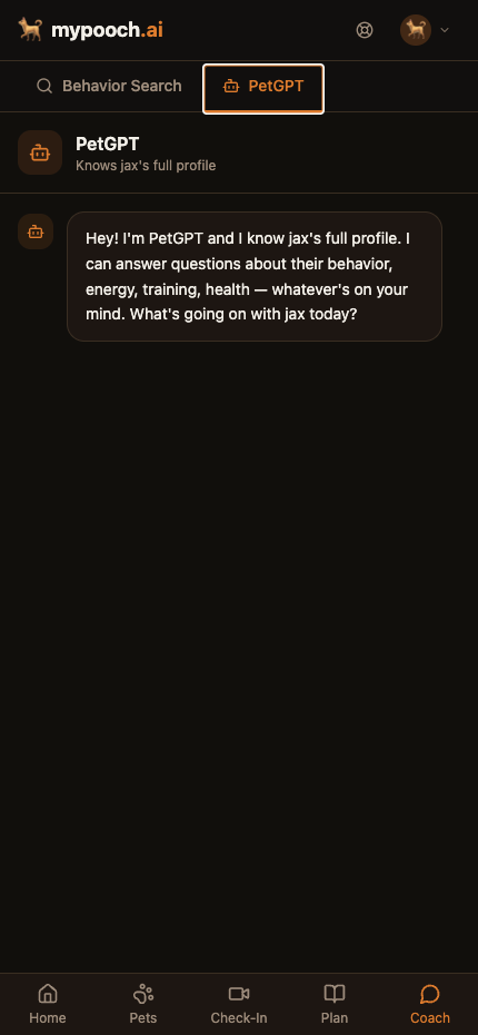 PetGPT chat — 'I know jax's full profile' greeting message ready to answer behavior, energy, training, health questions