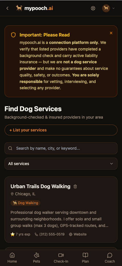 Find Dog Services — connection-platform disclaimer, search by name/city/keyword, and a sample listing for Urban Trails Dog Walking in Chicago