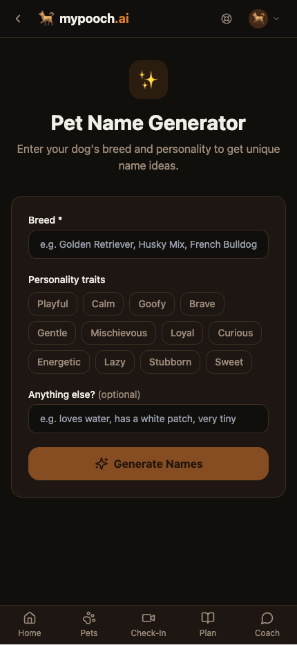 Pet Name Generator — breed input, personality trait chips like Playful, Calm, Goofy, Brave, and a Generate Names button